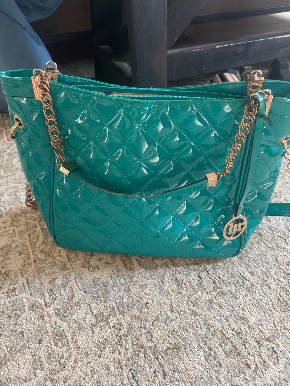 Unbranded Quilted Patent Tote Bag with Chain Straps - Teal